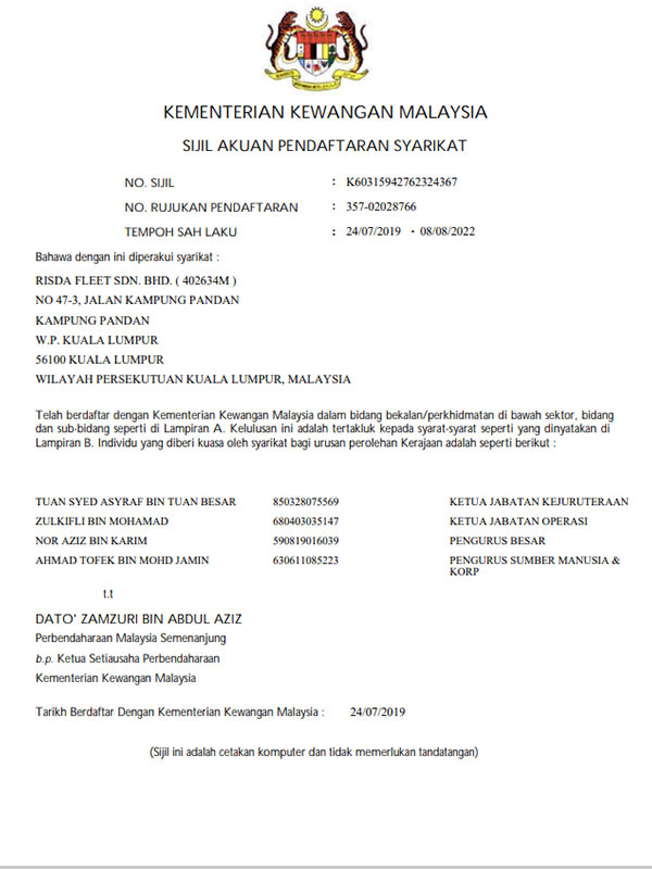 Pendaftaran dengan Kementerian Kewangan Malaysia